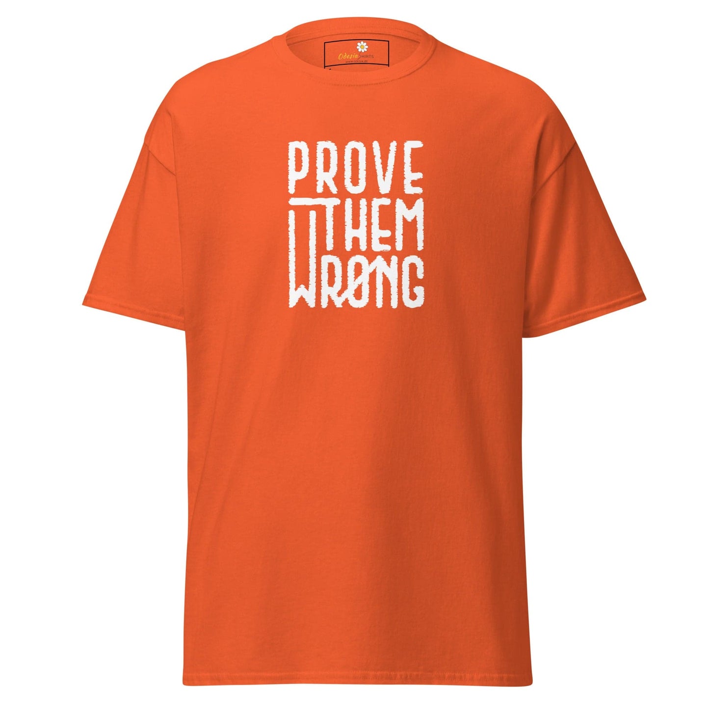 Orange T-shirt with white text for Men and Women available in sizes S to XL
