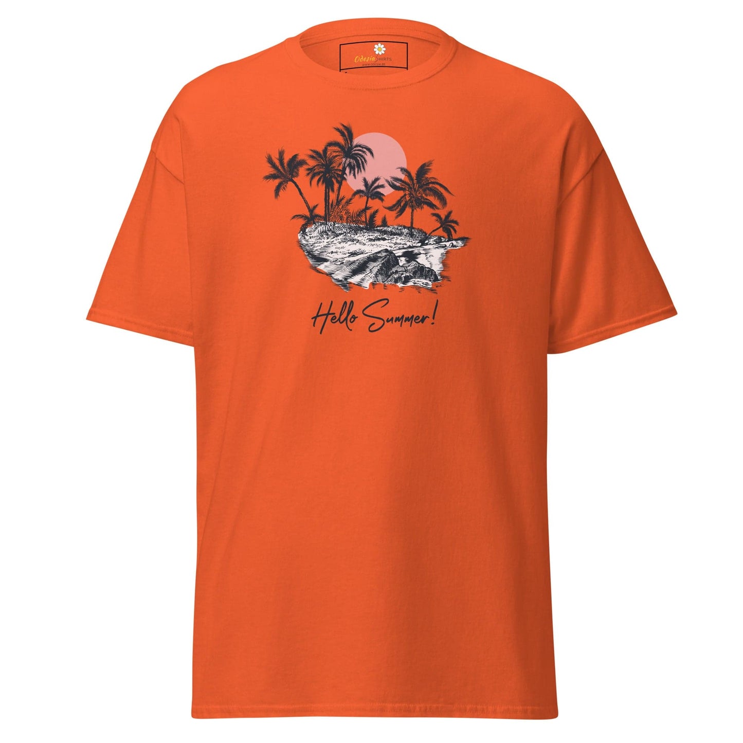 Orange T-shirt with tropical island graphic for men and women, available in sizes S to XL