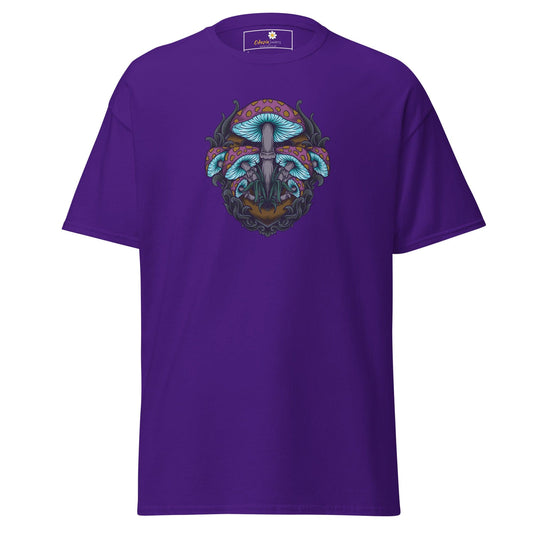 Purple T-shirt featuring a mushroom design for men and women in various sizes