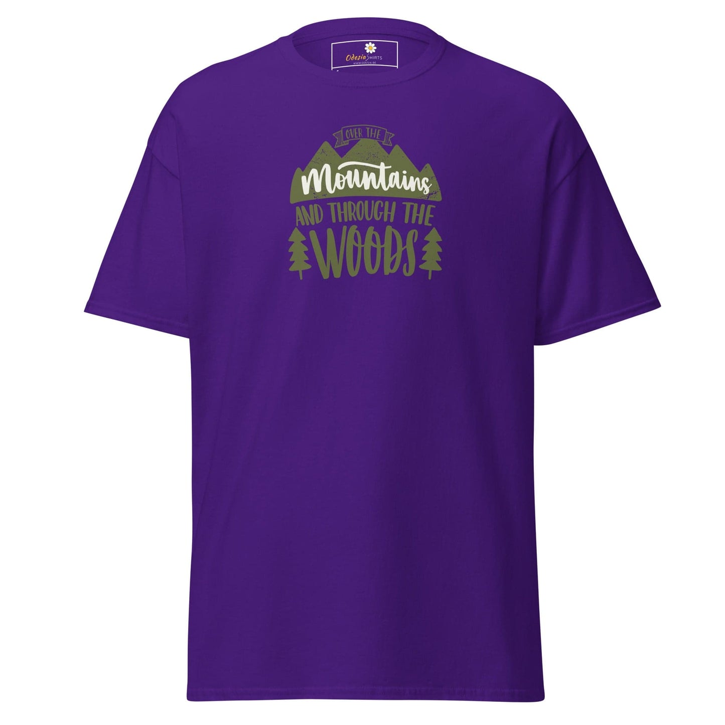 Purple T-shirt with mountain and tree graphic for Men and Women sizes S to XL