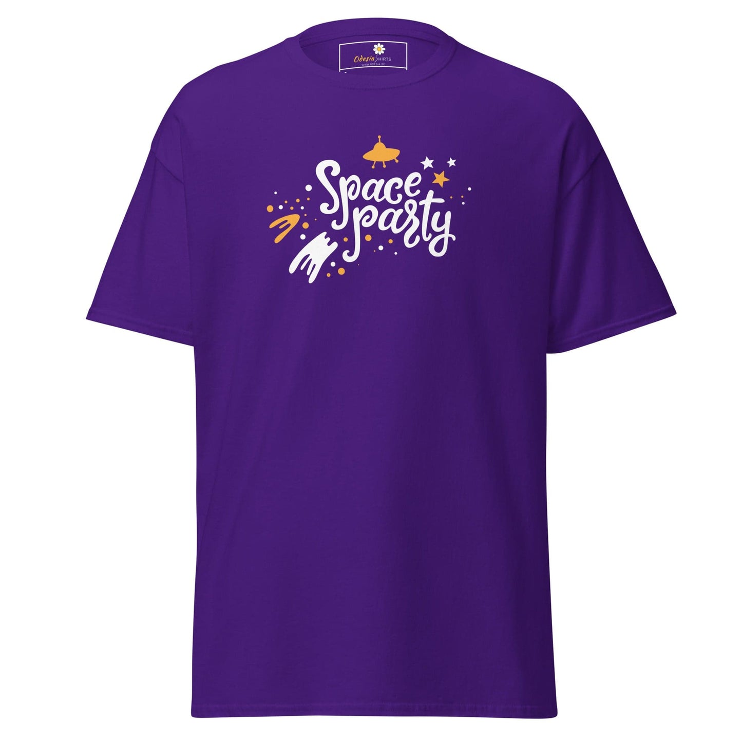 Purple T-shirt with space party design for men and women, available in sizes S to XL