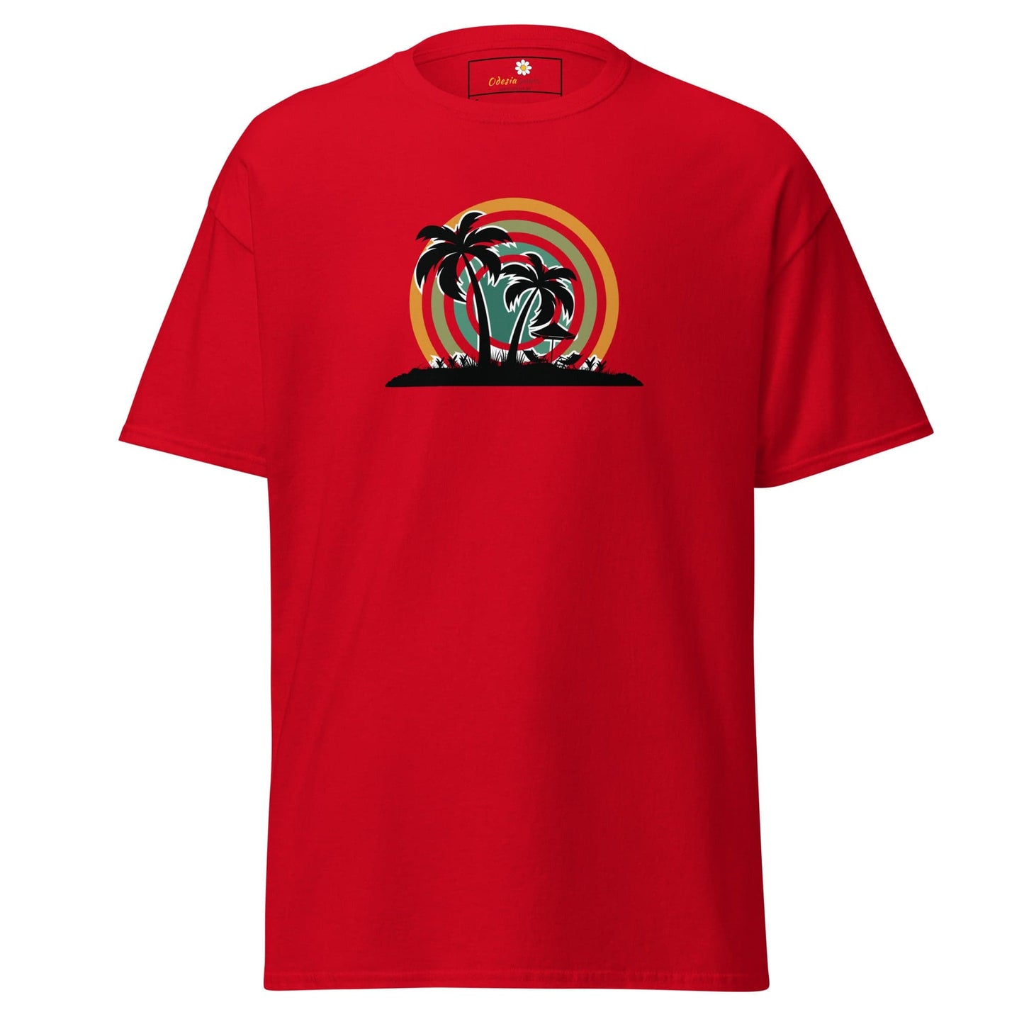 Red T-shirt with palm tree graphic from T-Shirt Design Tee for Men and Women sizes S to XL