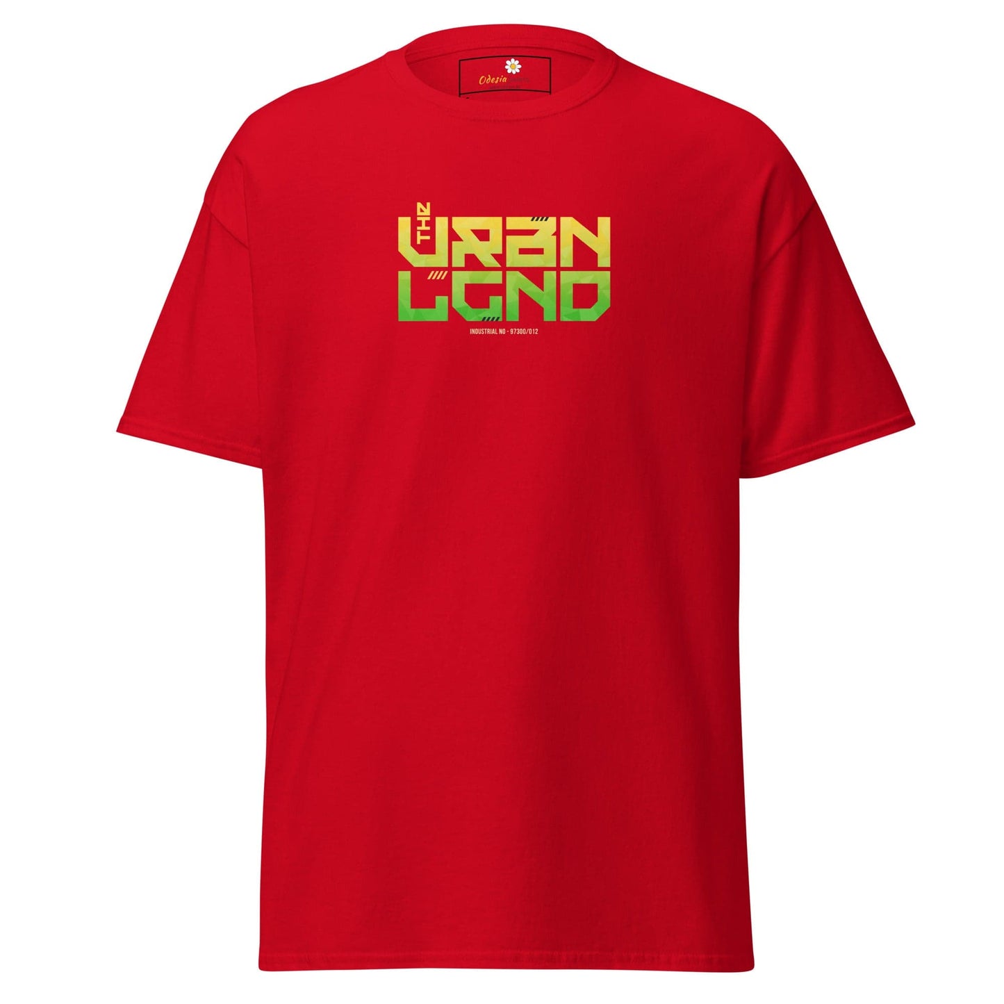 Red T-shirt with graphic design for men and women available in sizes S to XL
