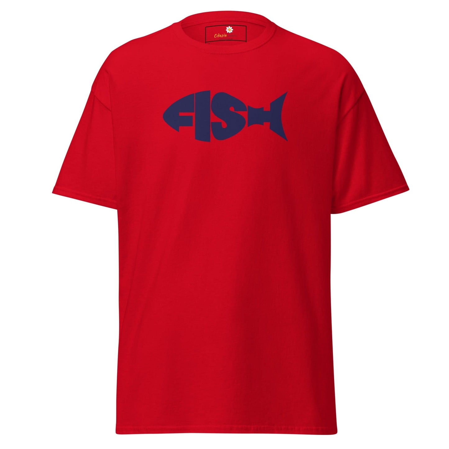 Red T-shirt with a blue fish design for men and women in sizes S to XL