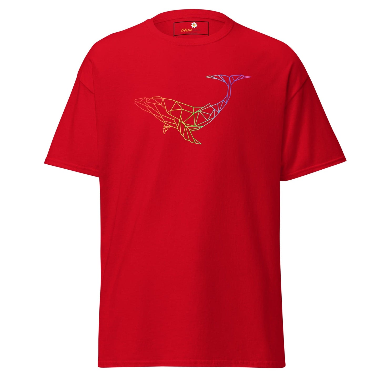 Red T-shirt with geometric whale design for Men and Women, available in S to XL