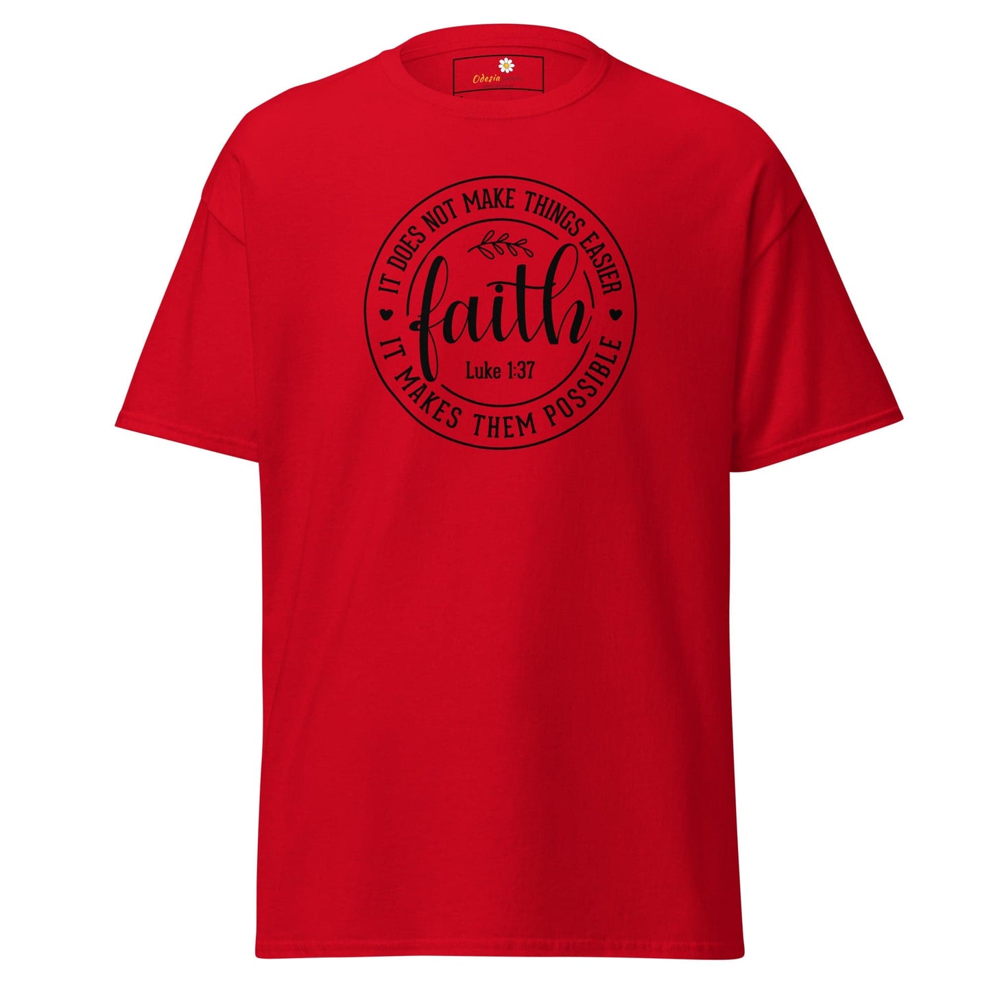 Red faith-themed graphic T-shirt for men and women in sizes S to XL