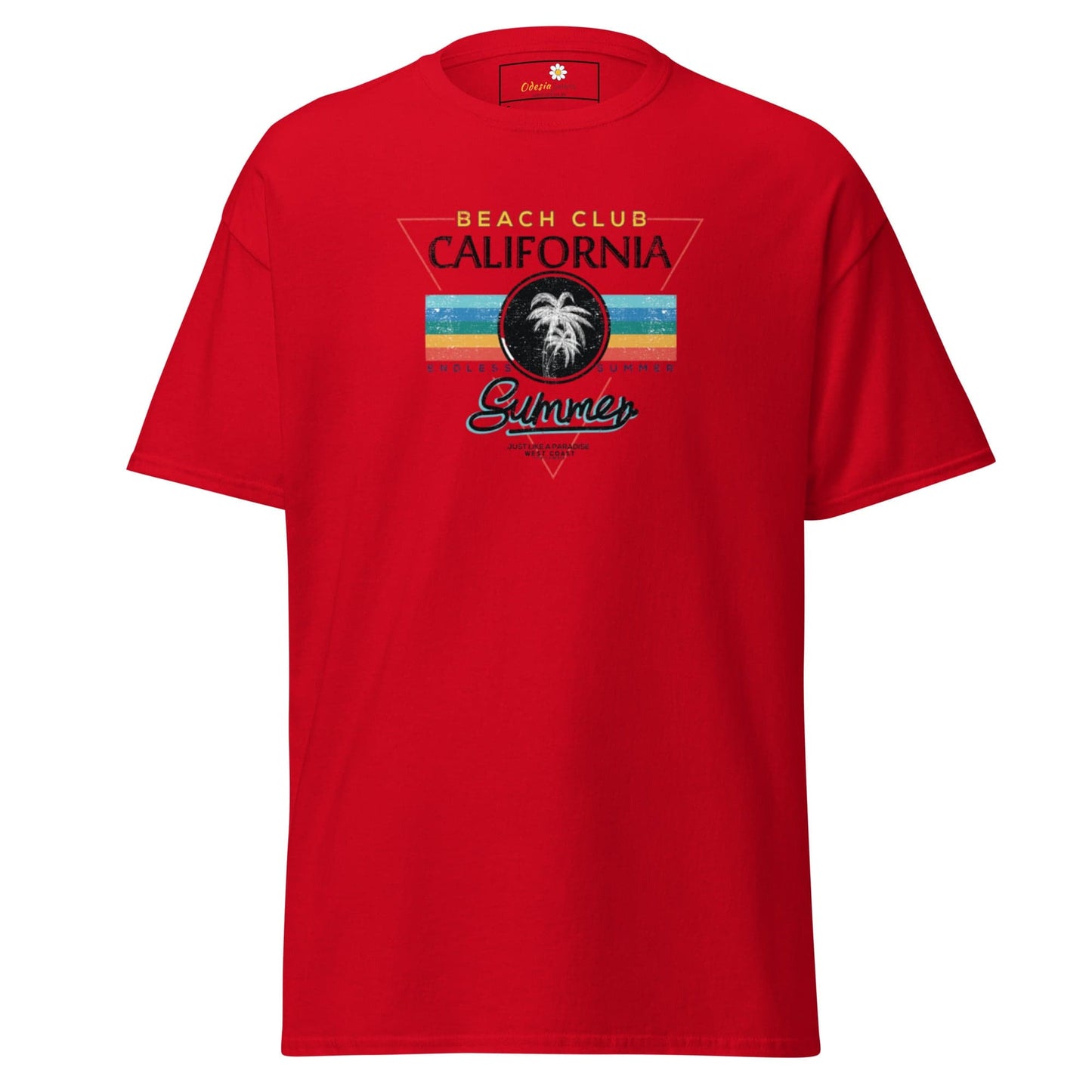 Red T-shirt with Beach Club design for Men and Women in sizes S to XL