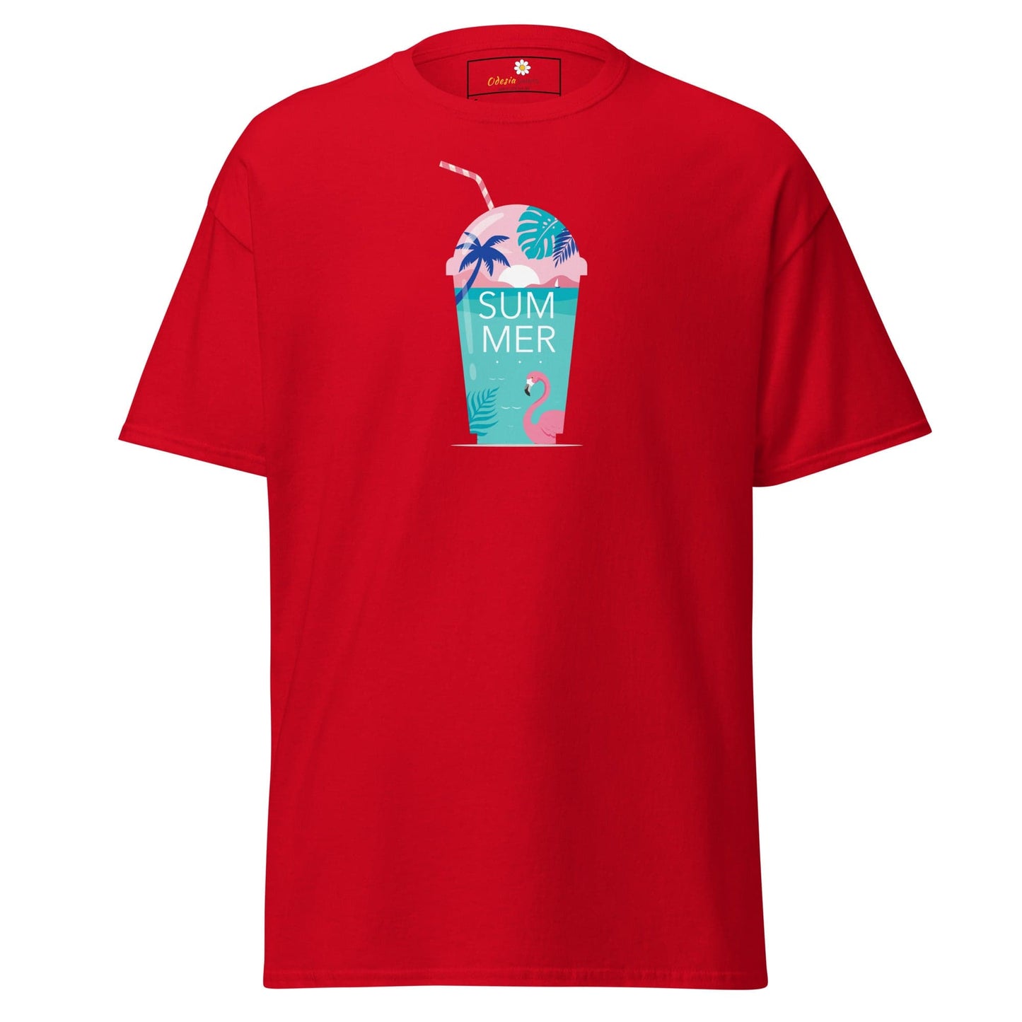 Red t-shirt with summer drink graphic for men and women, available in sizes S to XL