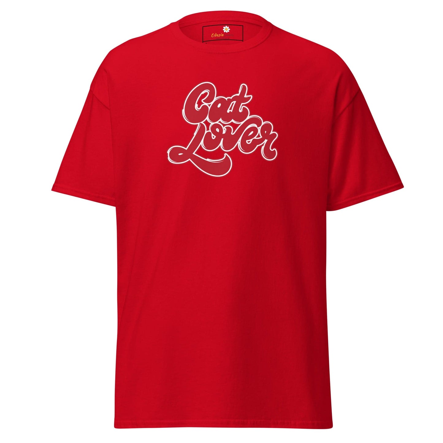 Red t-shirt with Cat Lover graphic, available in S to XL for men and women