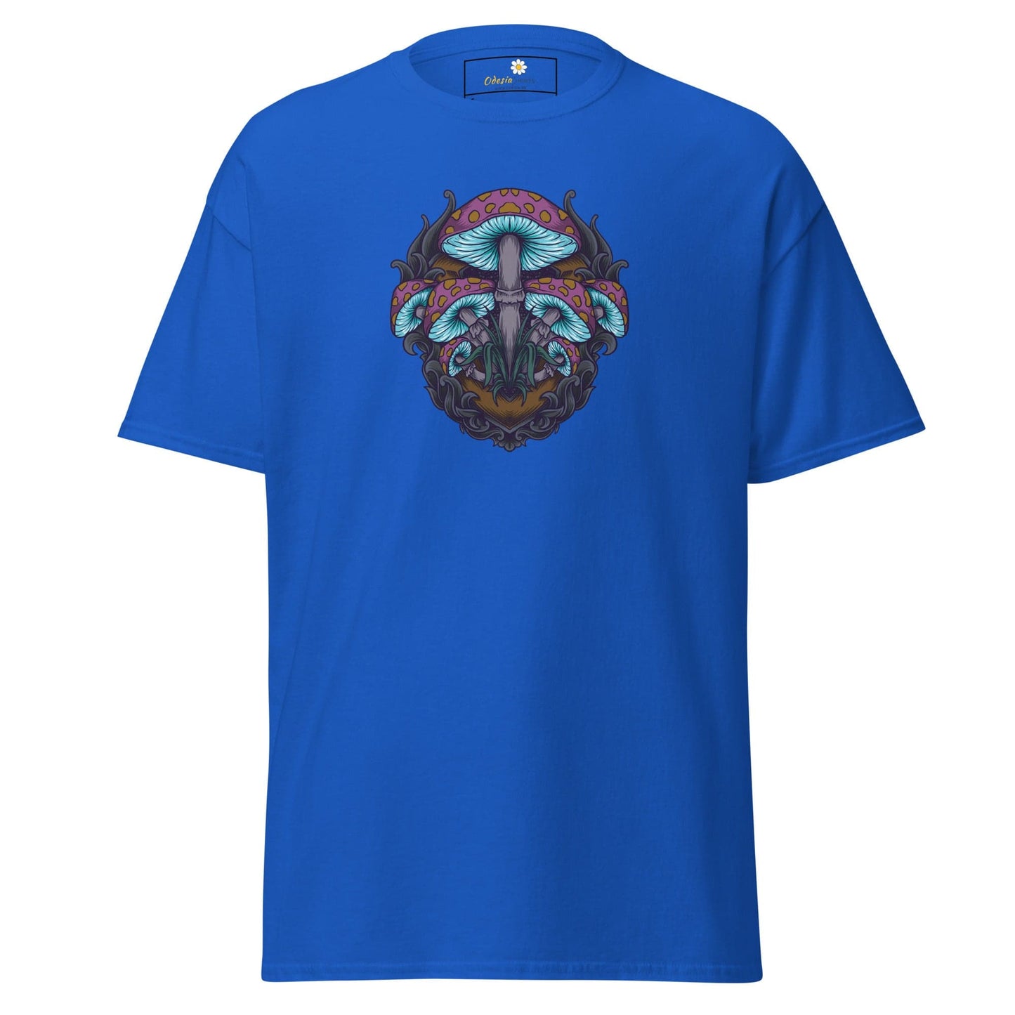 Blue T-shirt with mushroom design for men and women available in sizes Small to Extra Large