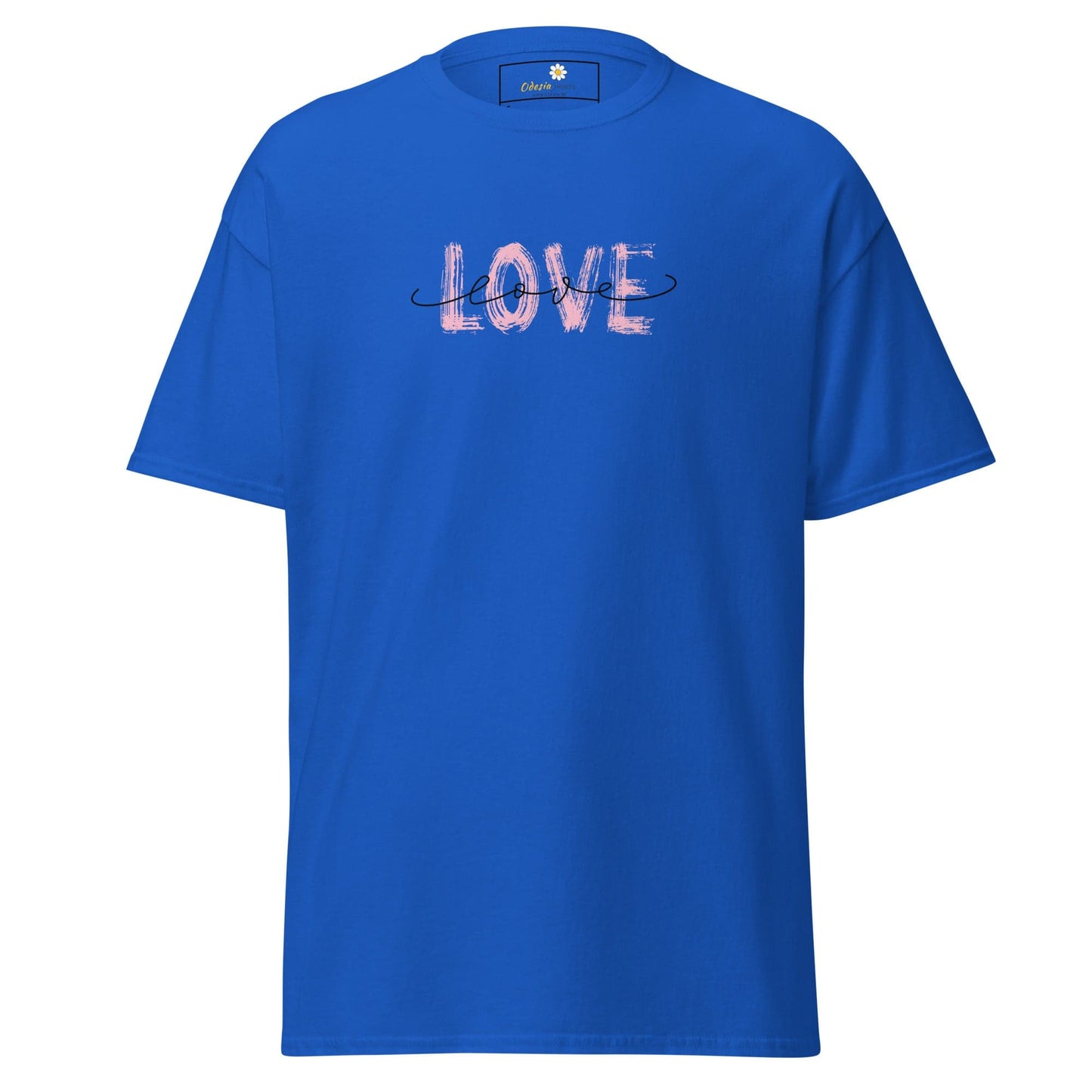 Blue T-shirt with LOVE design for men and women in sizes S to XL