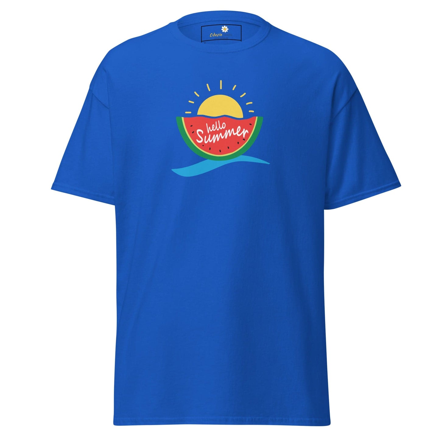 Blue T-shirt with summer graphic for men and women in sizes S to XL