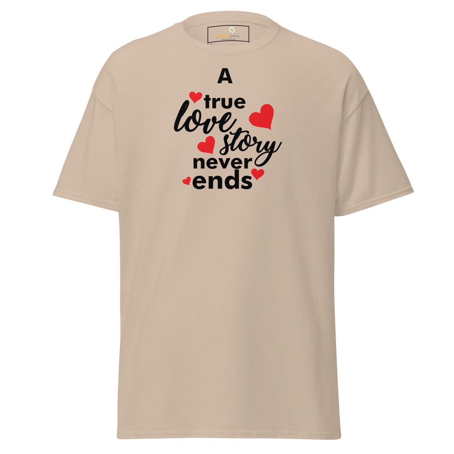 Beige love-themed graphic T-shirt for men and women in sizes S to XL