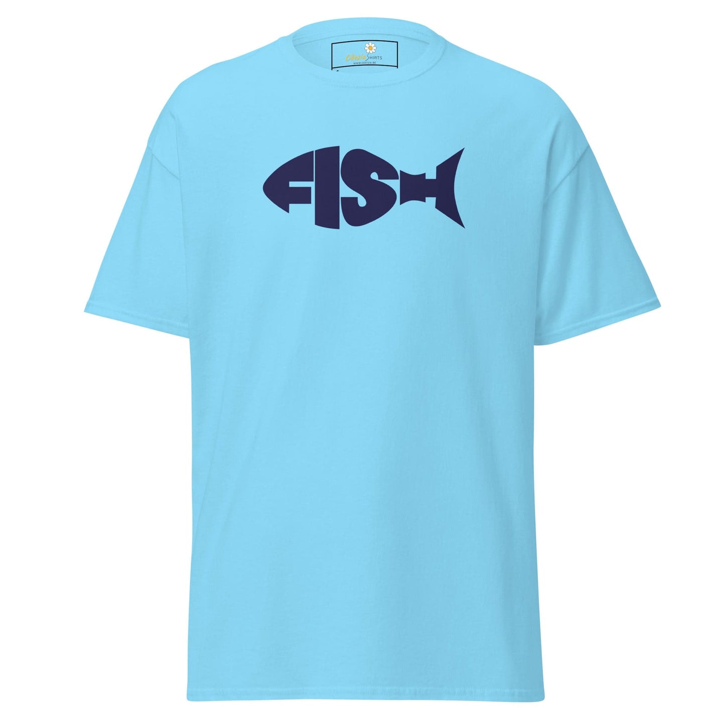 Light blue T-shirt with a detailed fish design for men and women in sizes S to XL