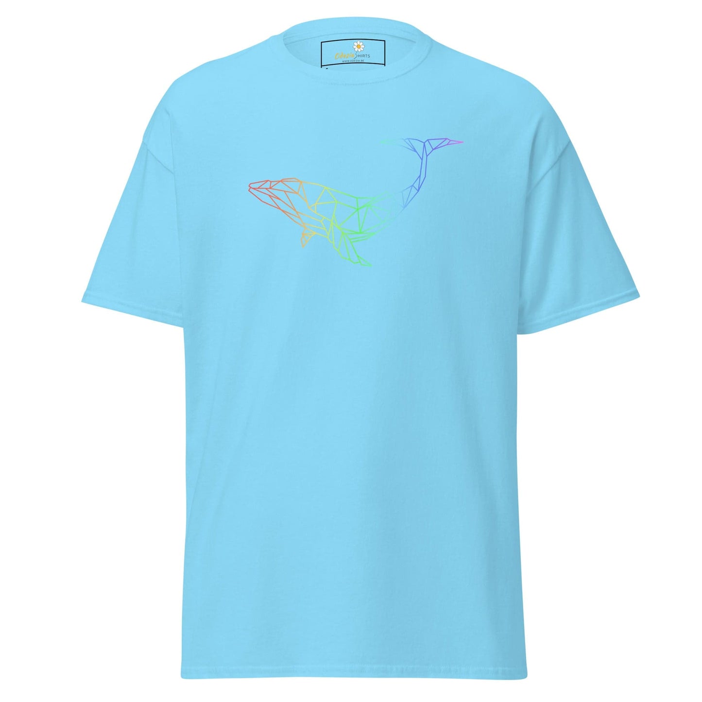 Light blue T-shirt with rainbow whale design, suitable for men and women, available in S to XL