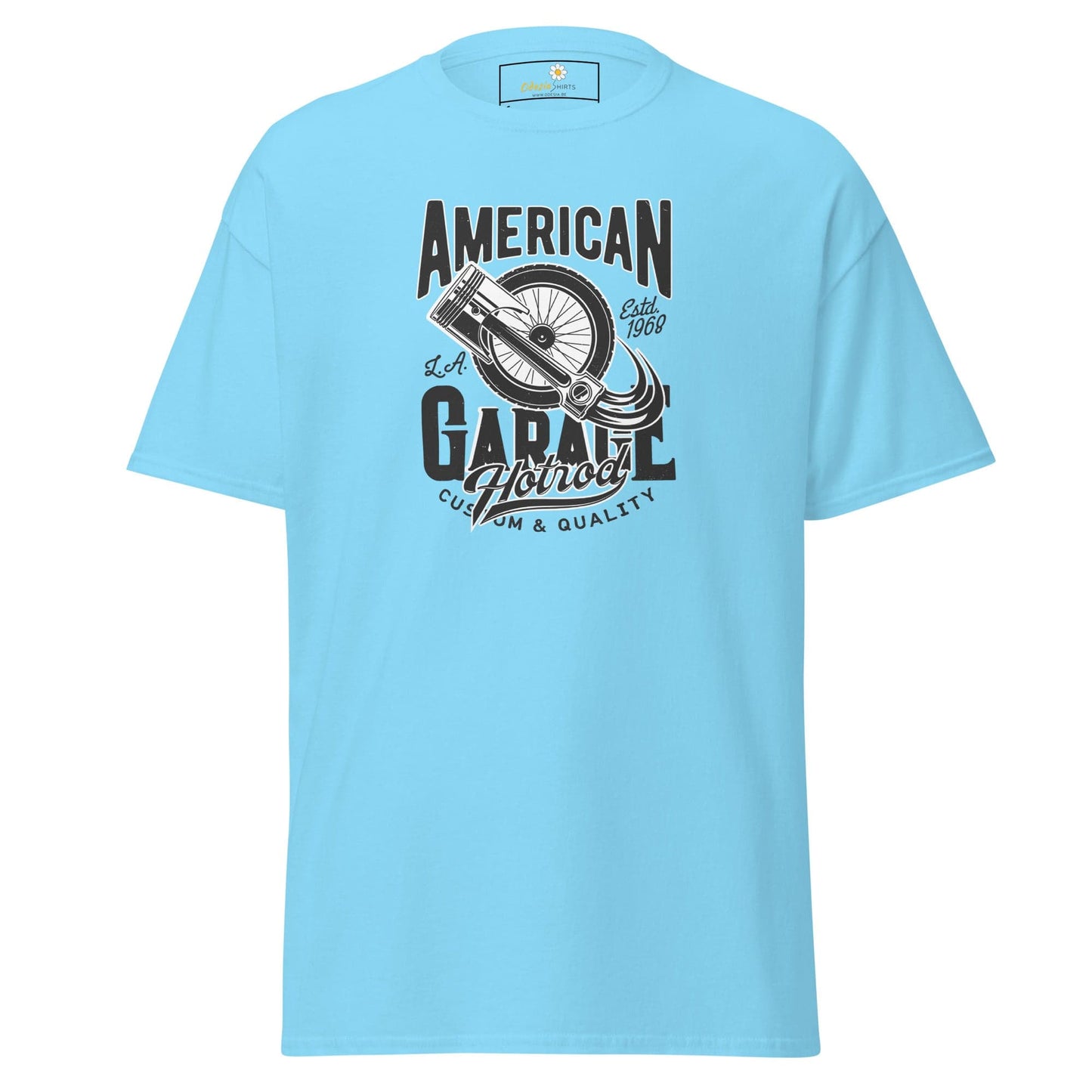 Light blue T-shirt with Garage logo, suitable for men and women, sizes S to XL