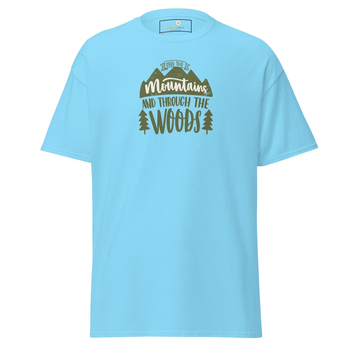 Light blue T-shirt featuring mountain and woods graphic for men and women sizes S to XL