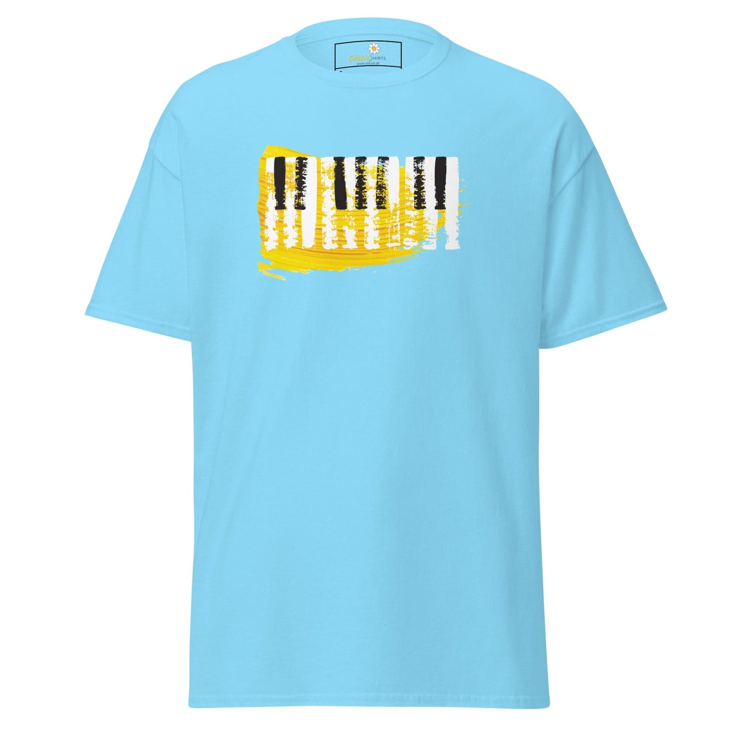 Light blue T-shirt featuring a piano keys design for men and women in size S to XL
