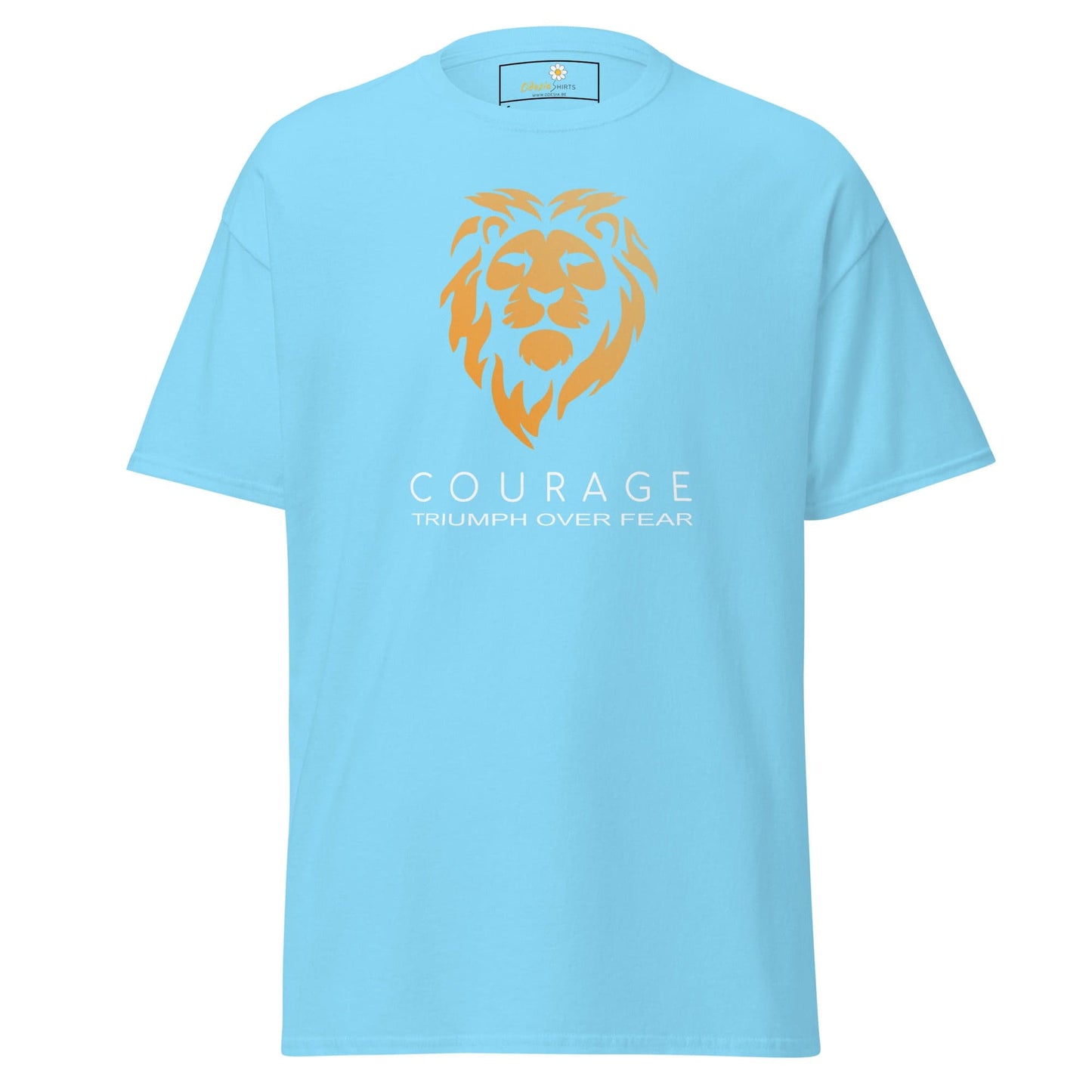 Light blue T-shirt with a lion graphic for men and women available in sizes S to XL