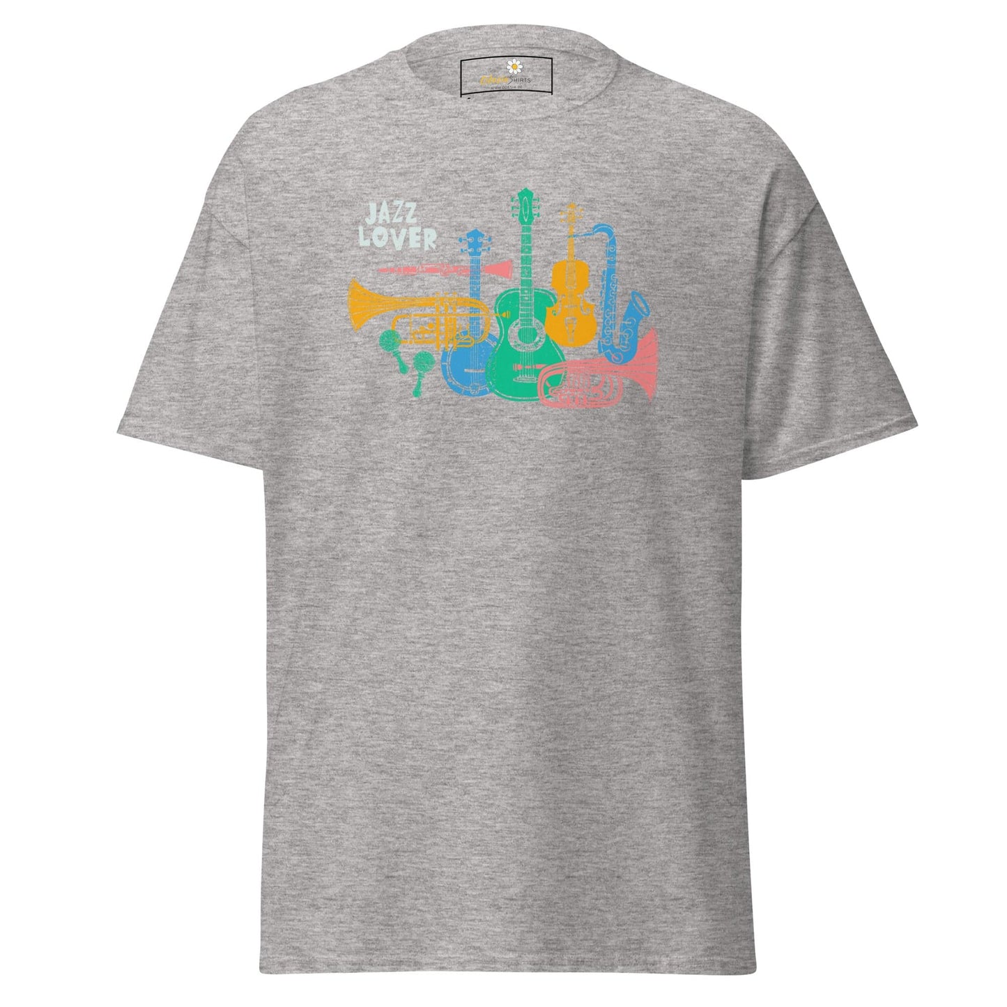 Gray T-shirt with musical instrument graphic for men and women, available in sizes S to XL