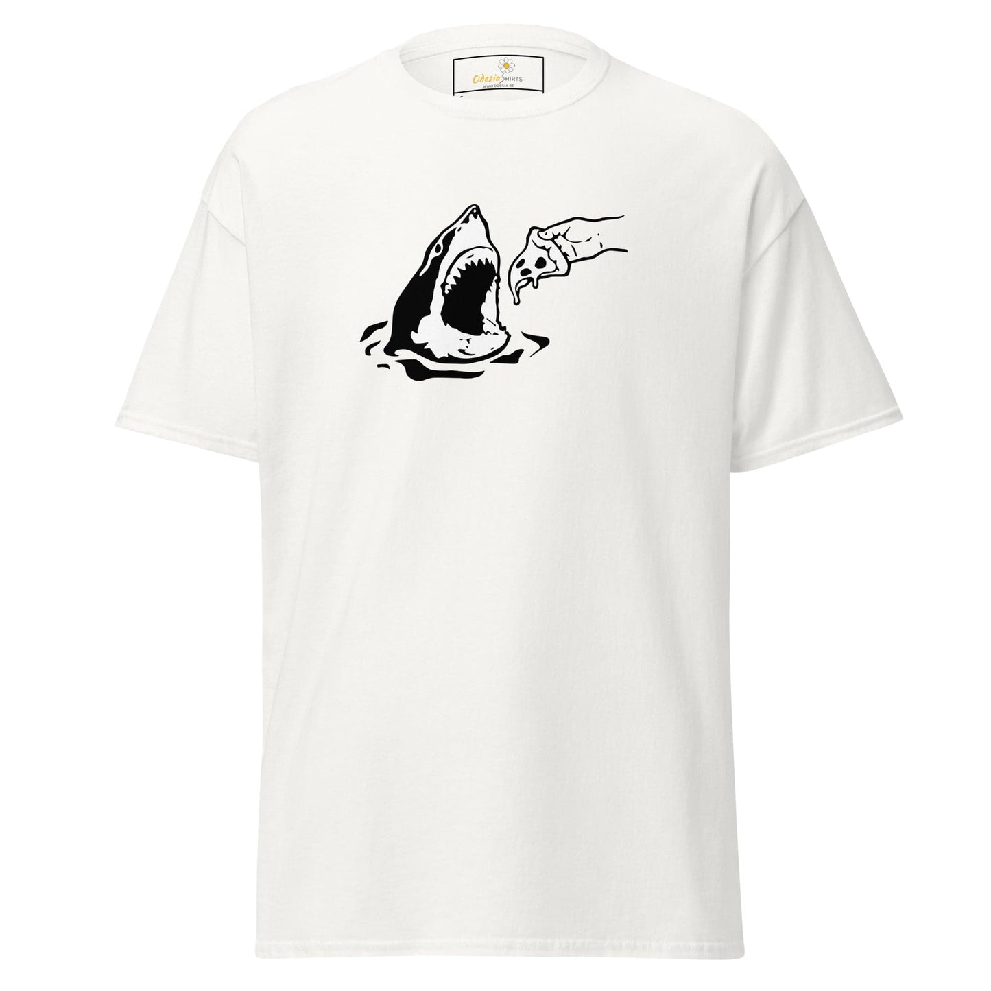 White T-shirt with Shark and Pizza Graphic from T-SHIRT DESIGN TEE for Men and Women