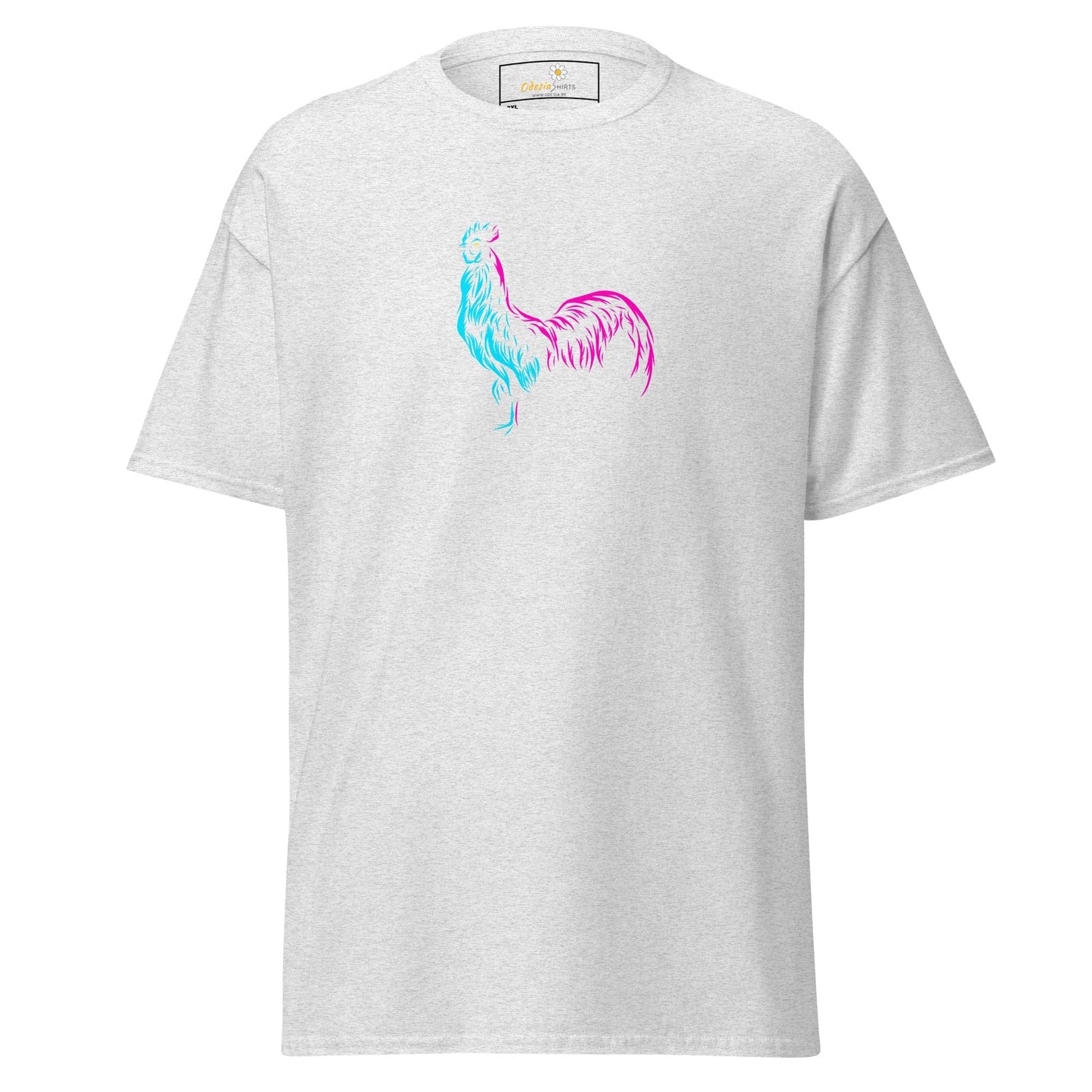 White T-shirt with colorful rooster design for Men and Women in sizes 2XL to 5XL