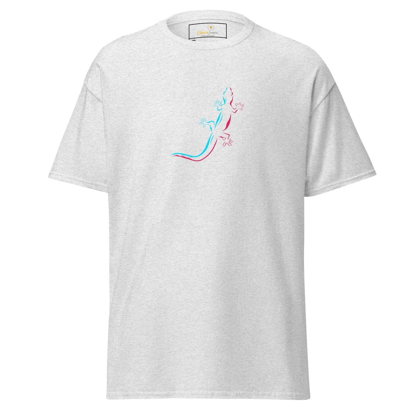 White t-shirt with lizard design.