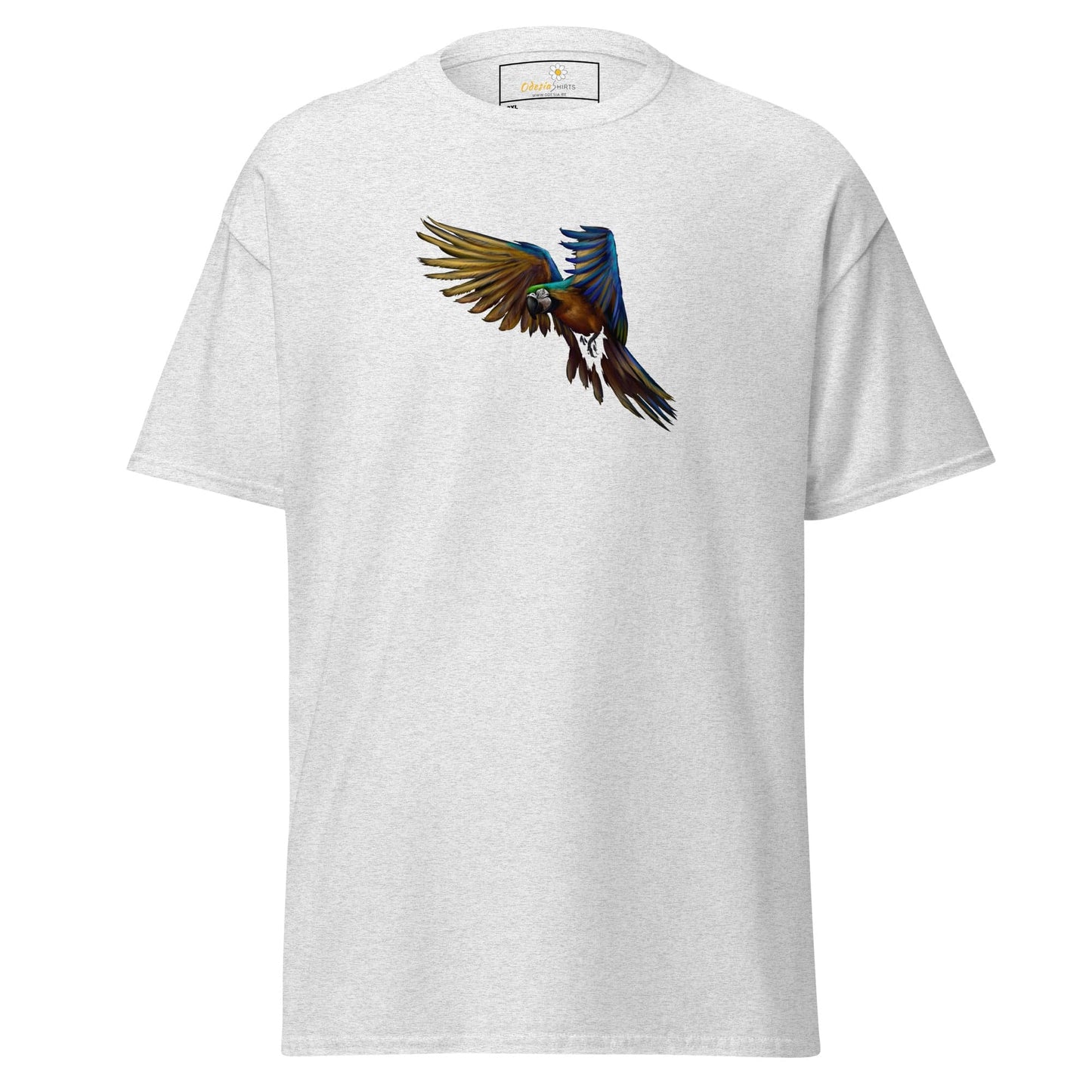 White T-shirt with colorful parrot graphic from T-SHIRT DESIGN TEE for men and women