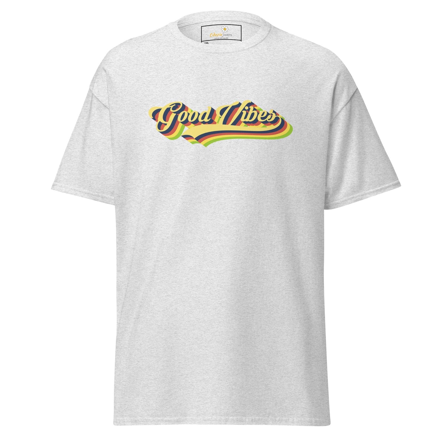 White t-shirt with ’Good Vibes’ text.