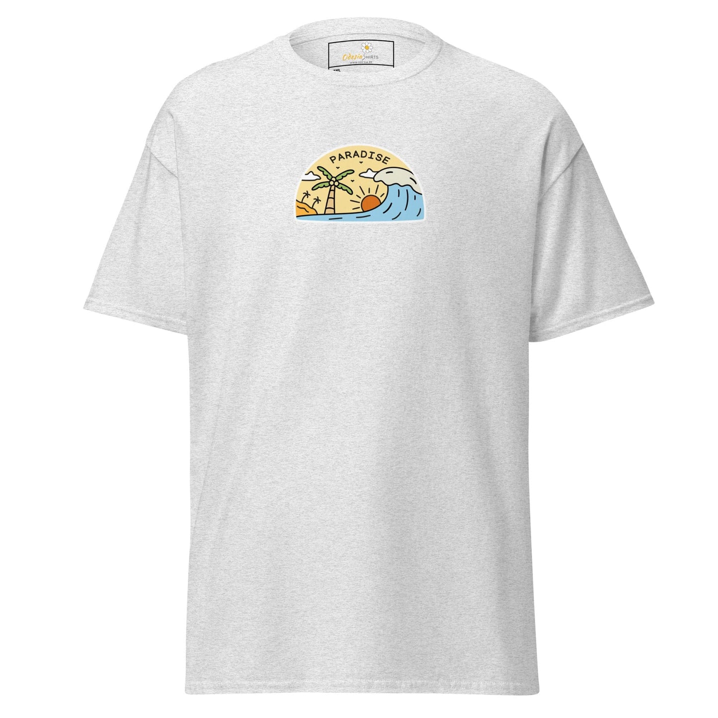 White t-shirt with a beach scene.
