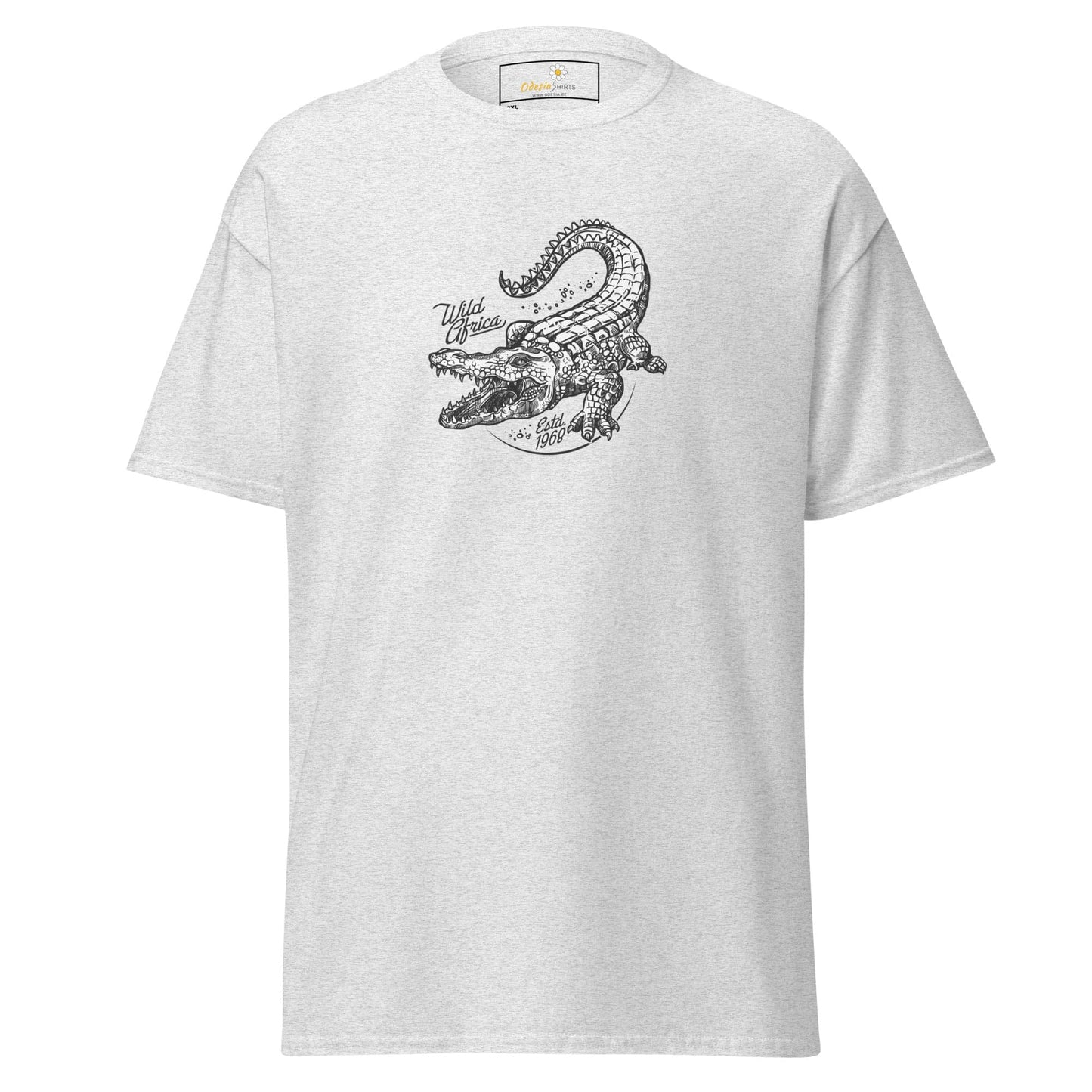 White t-shirt with crocodile graphic.