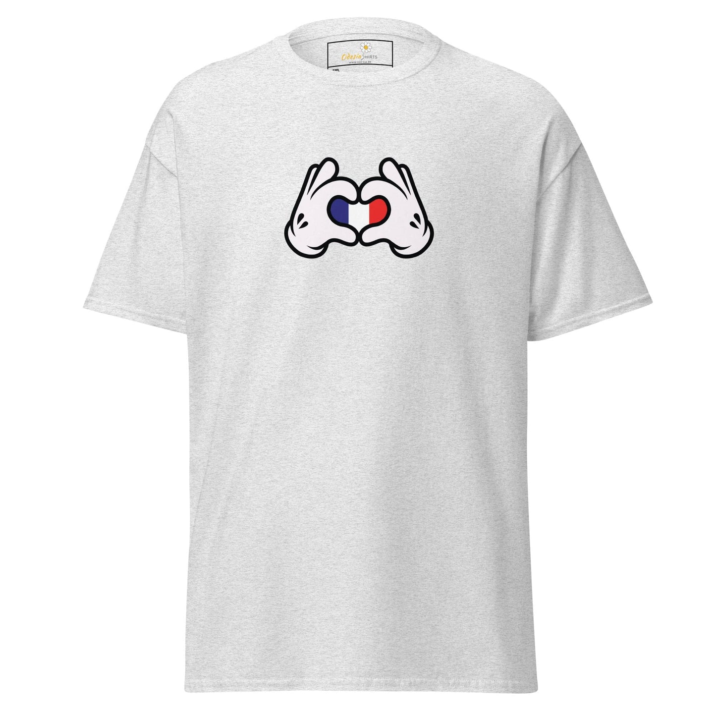 White t-shirt with heart-shaped hands.