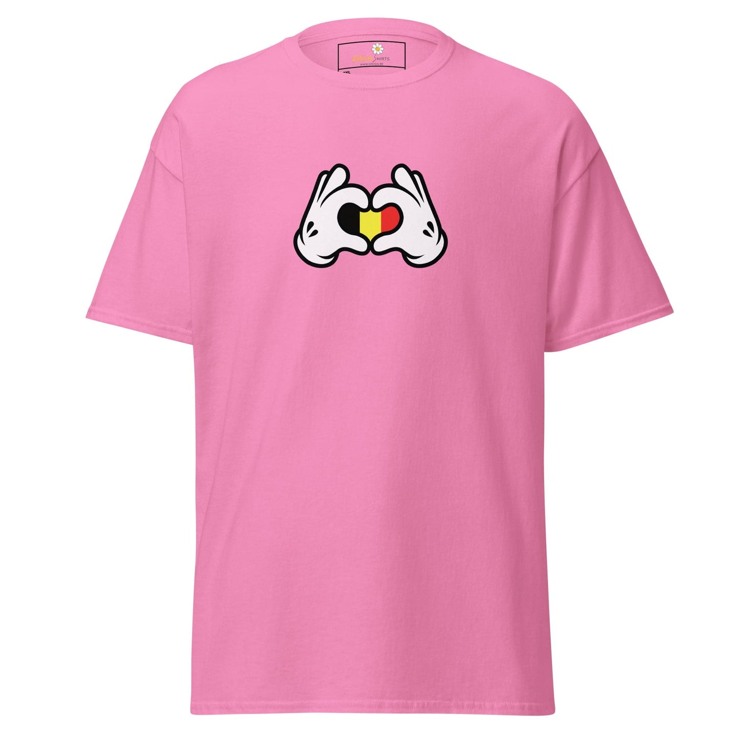 Pink t-shirt with heart hands.