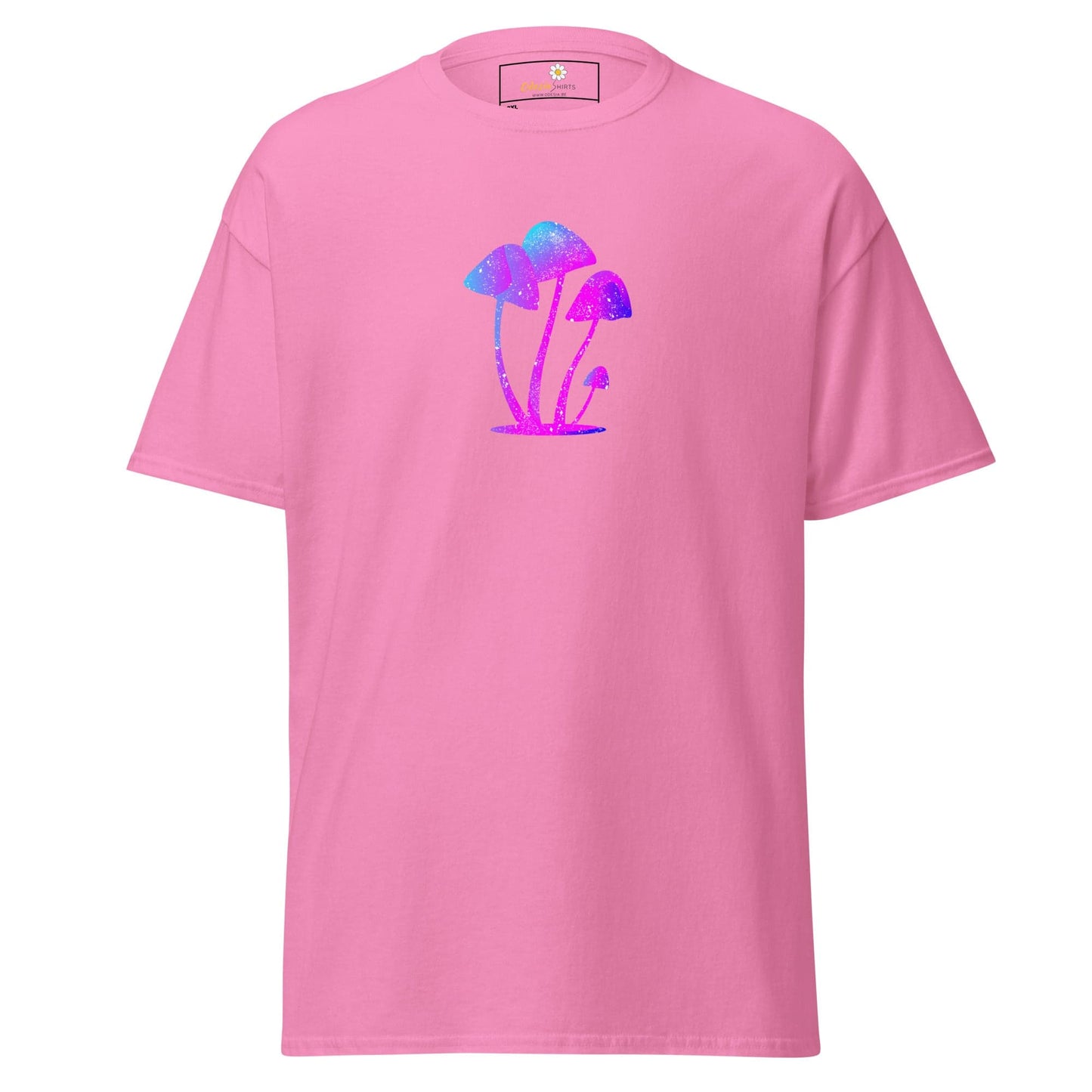 Pink t-shirt with mushroom design.