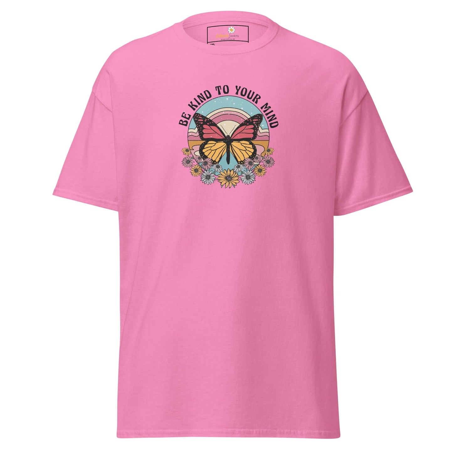 Pink t-shirt with butterfly graphic.