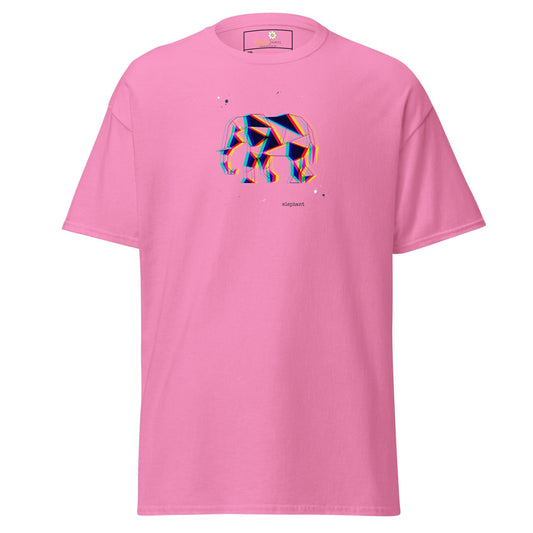 Pink t-shirt with geometric elephant design.