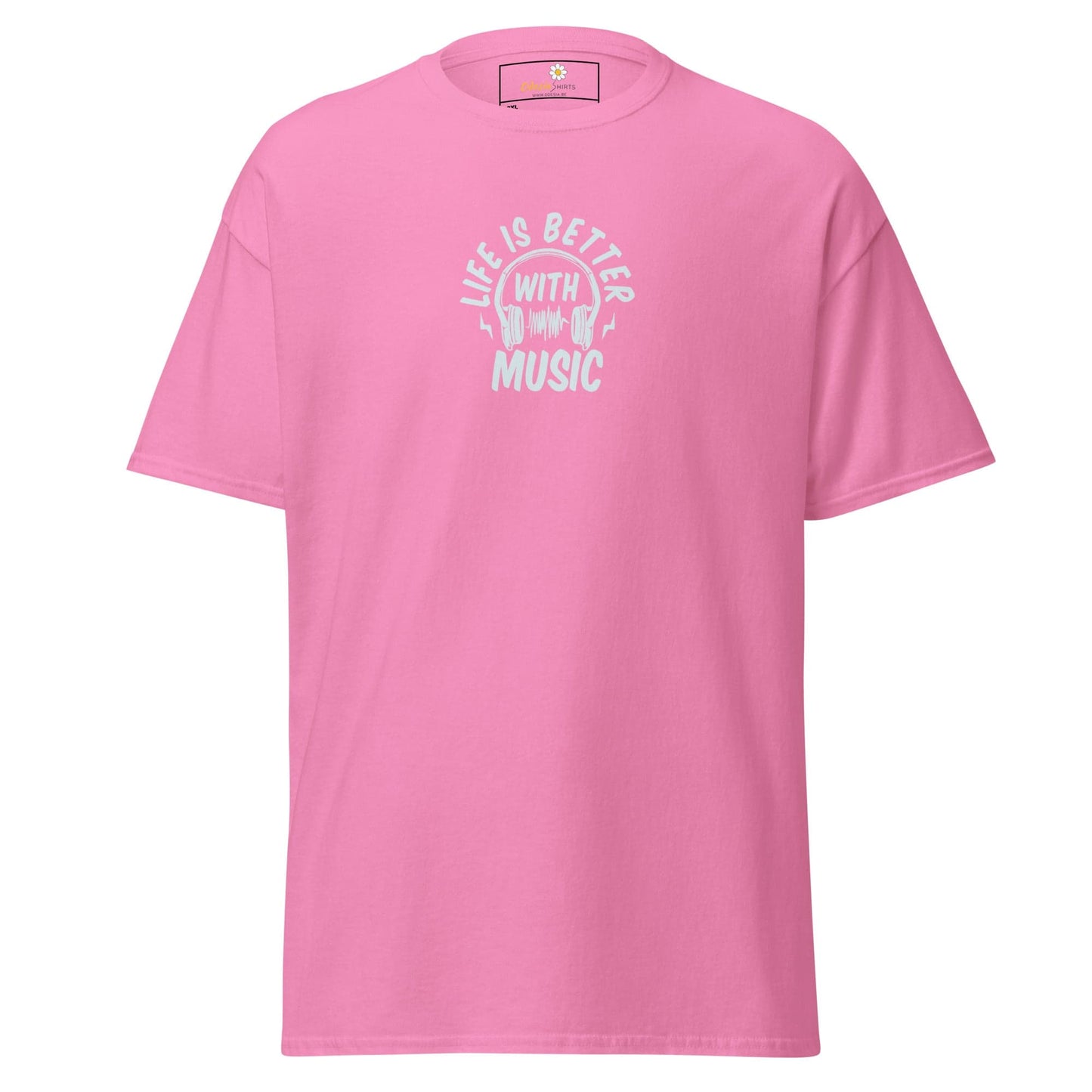Pink T-shirt featuring a music graphic for men and women in sizes 2XL to 5XL