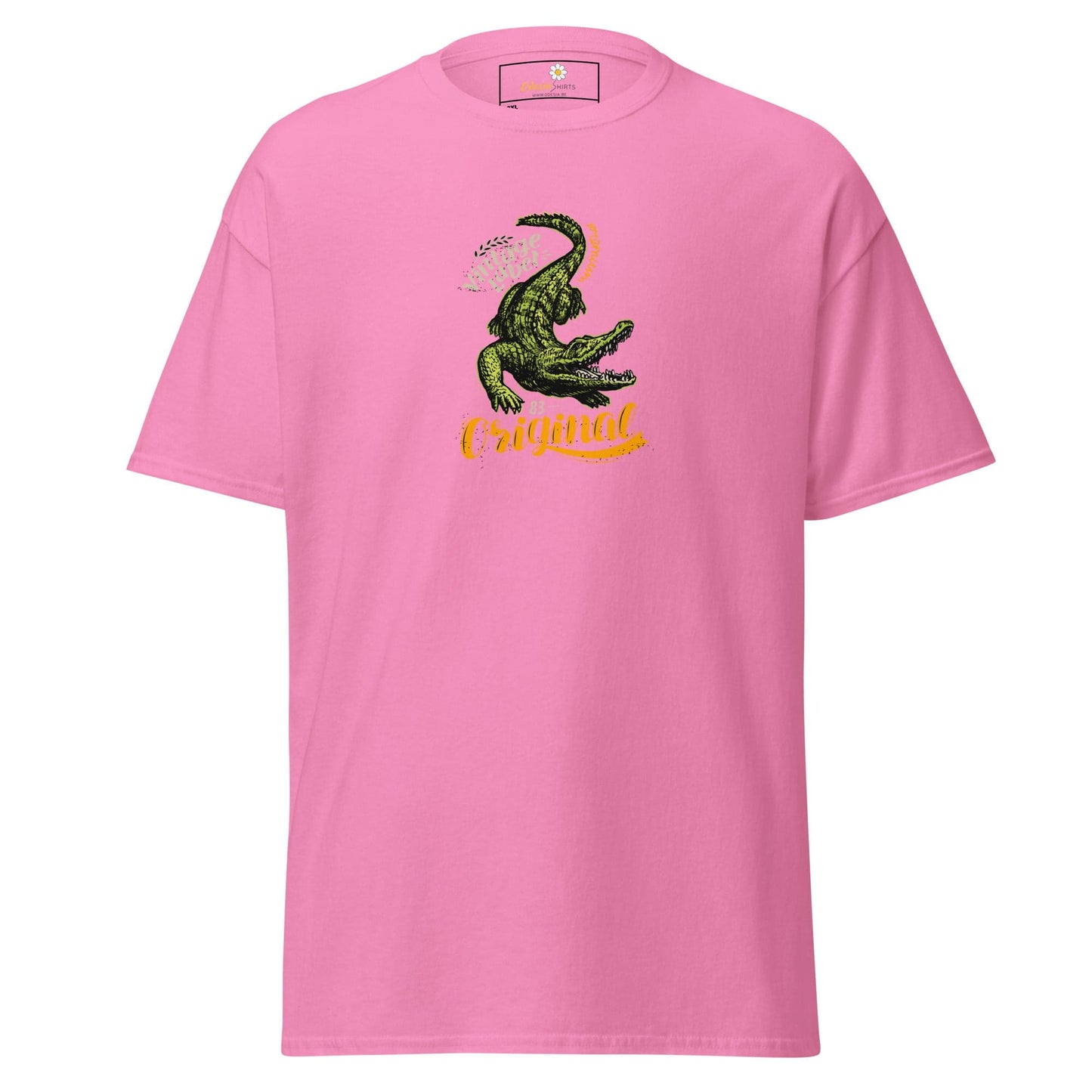 Pink t-shirt with crocodile graphic.