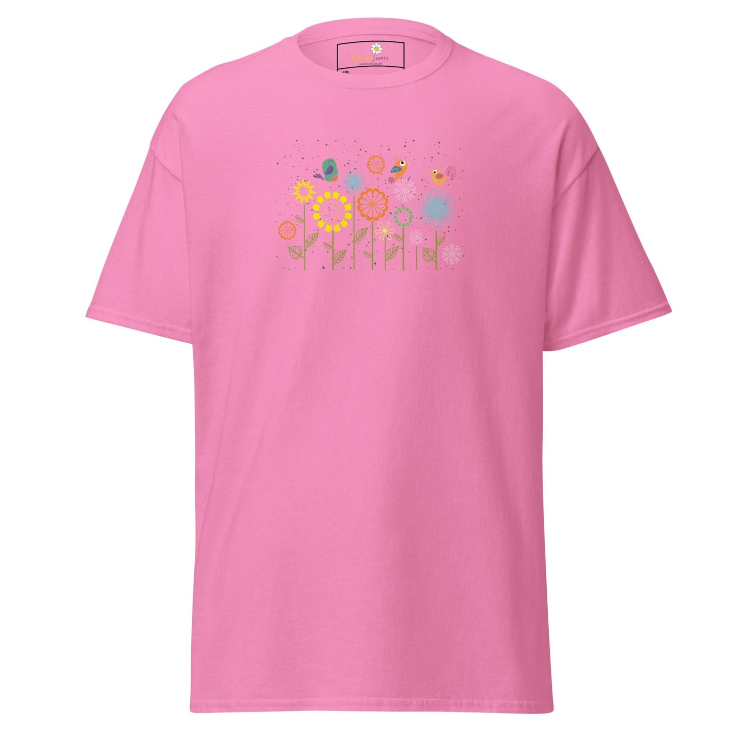 Pink t-shirt with floral design.