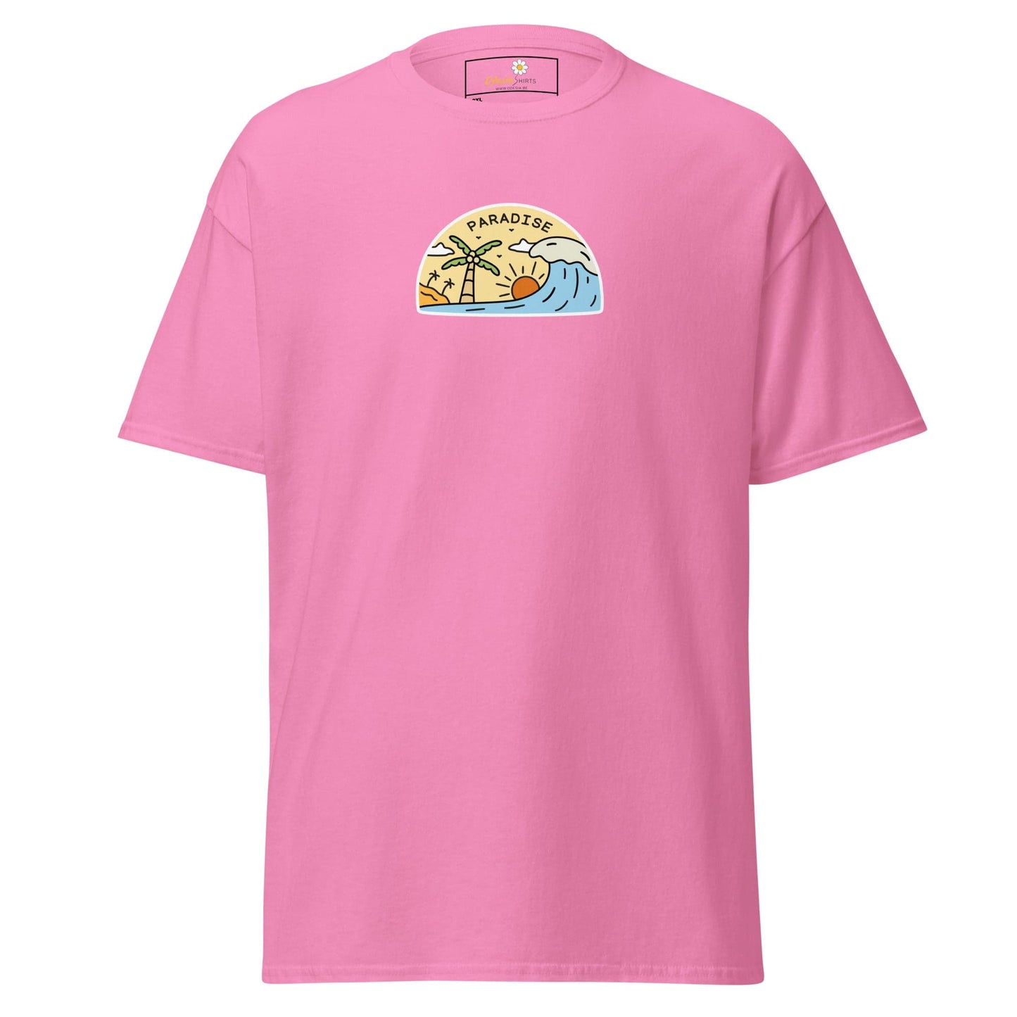 Pink t-shirt with a beach scene.