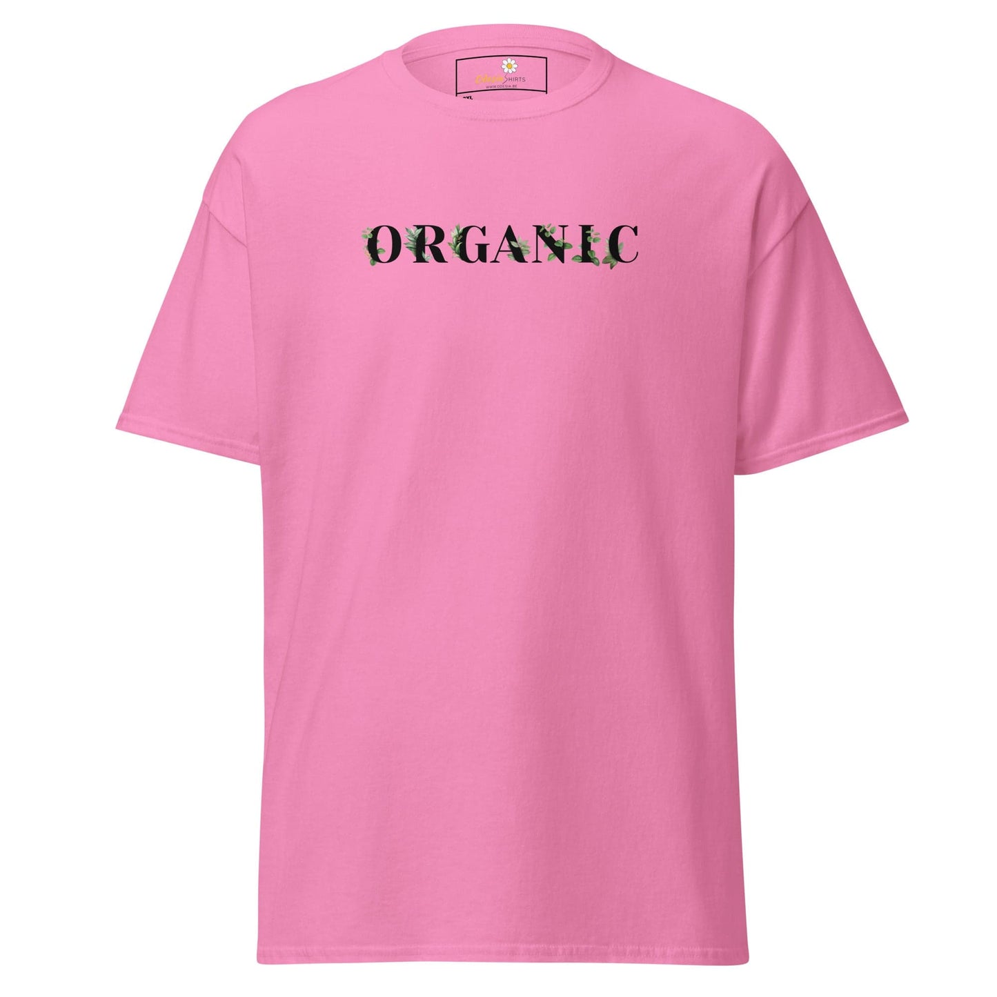 Pink T-shirt with ORGANIC text, designed for Men and Women in 2XL to 5XL sizes