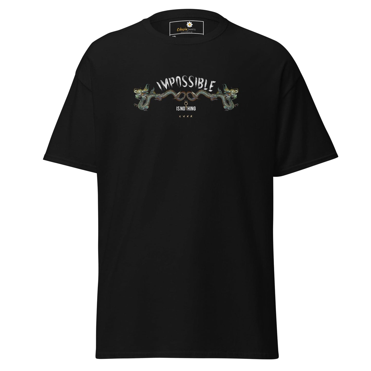 Black graphic t-shirt.
