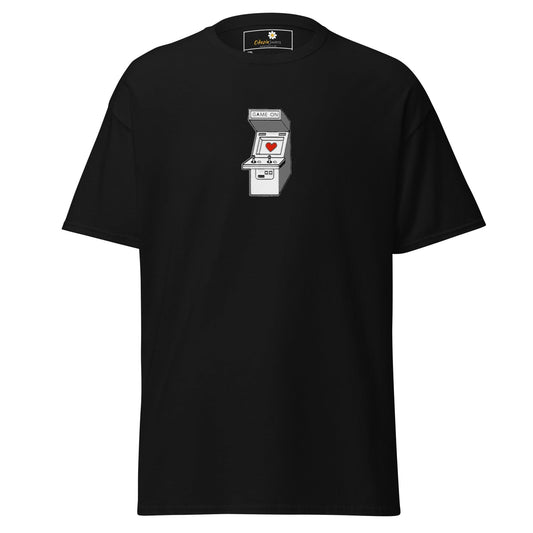 Black T-shirt with arcade game graphic, suitable for men and women in 2XL to 5XL sizes