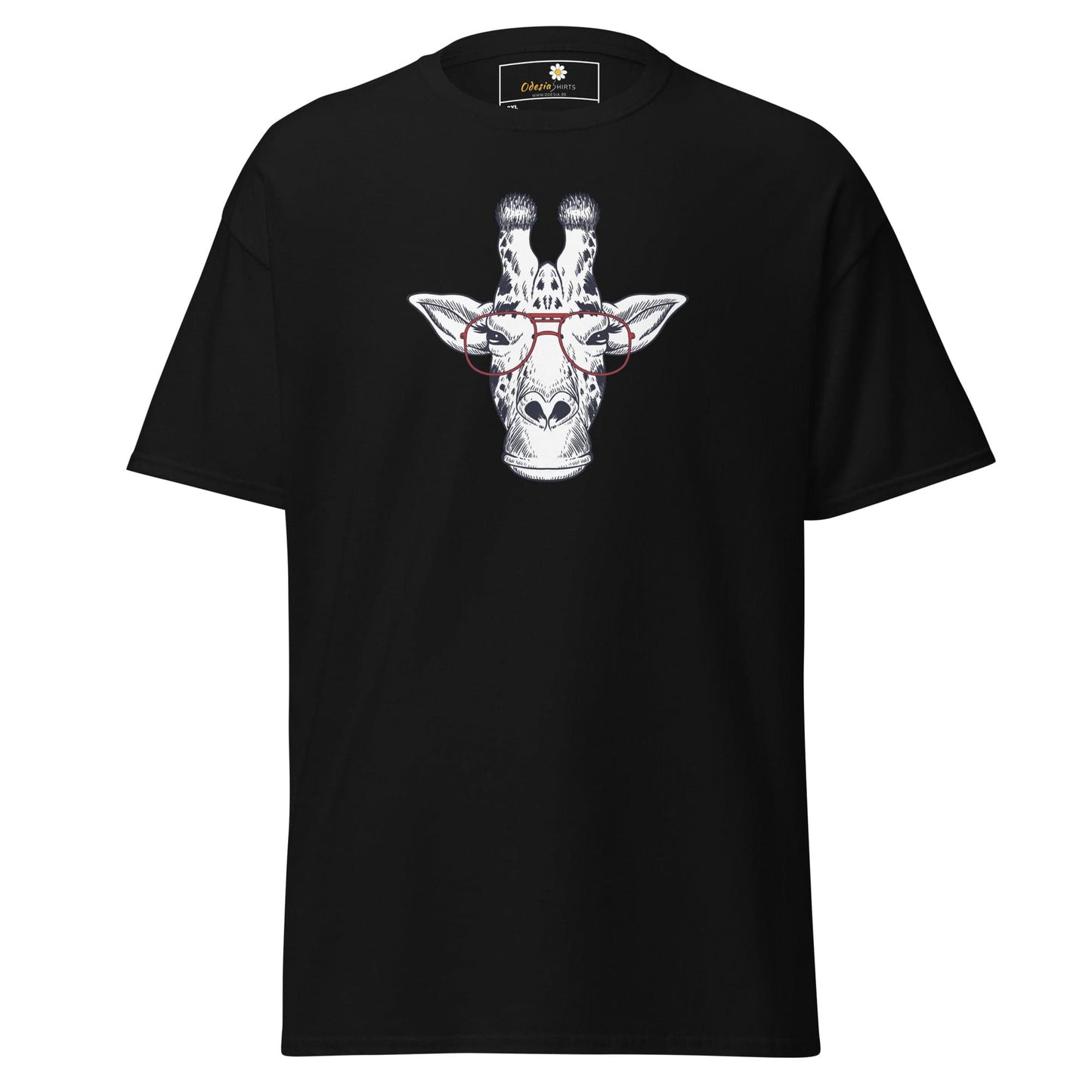Black T-shirt with giraffe graphic for Men and Women in sizes 2XL to 5XL