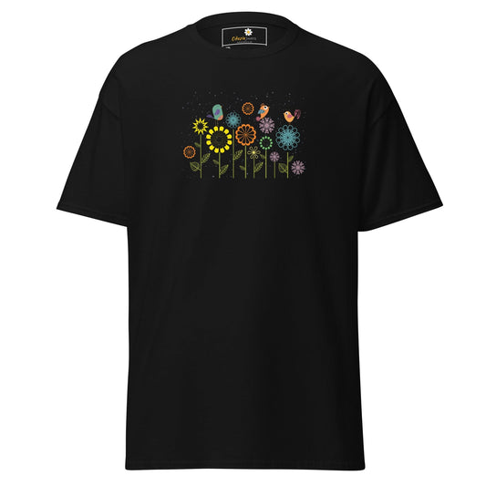 Black t-shirt with floral and bird design.