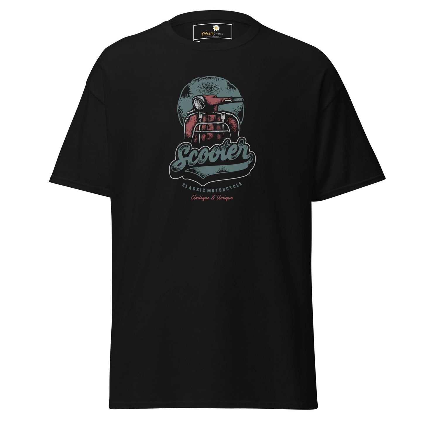 Black t-shirt with scooter graphic.