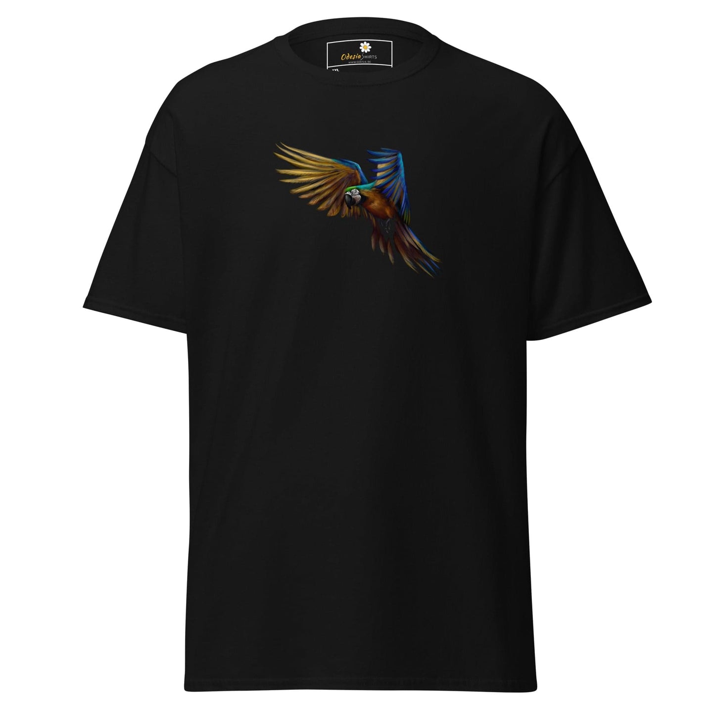Black T-shirt featuring a colorful parrot graphic for men and women, available in 2XL to 5XL sizes