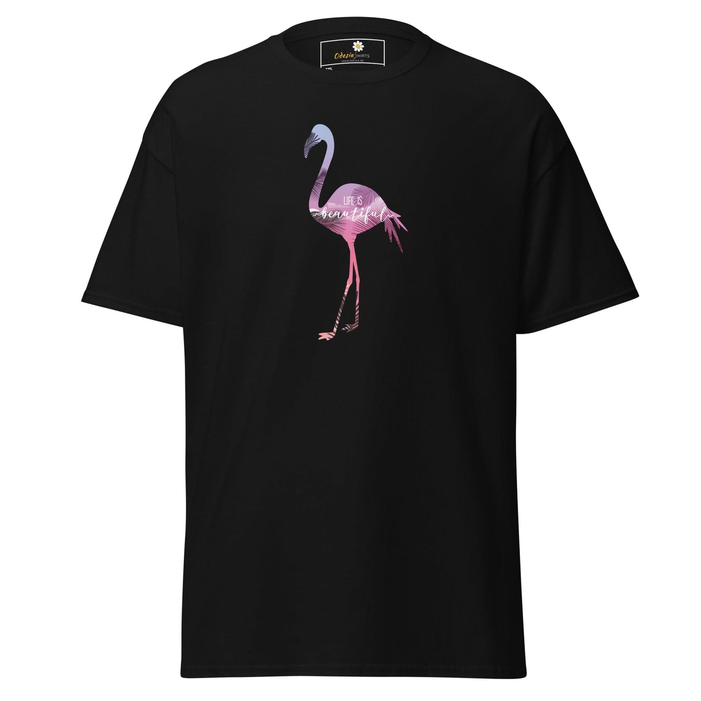 Black T-shirt featuring flamingo design, available in 2XL to 5XL for men and women