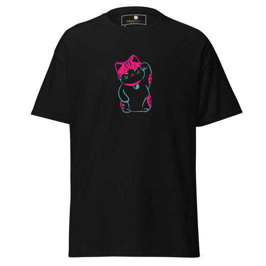 Black T-shirt with neon cat design, suitable for men and women in 2XL to 5XL sizes