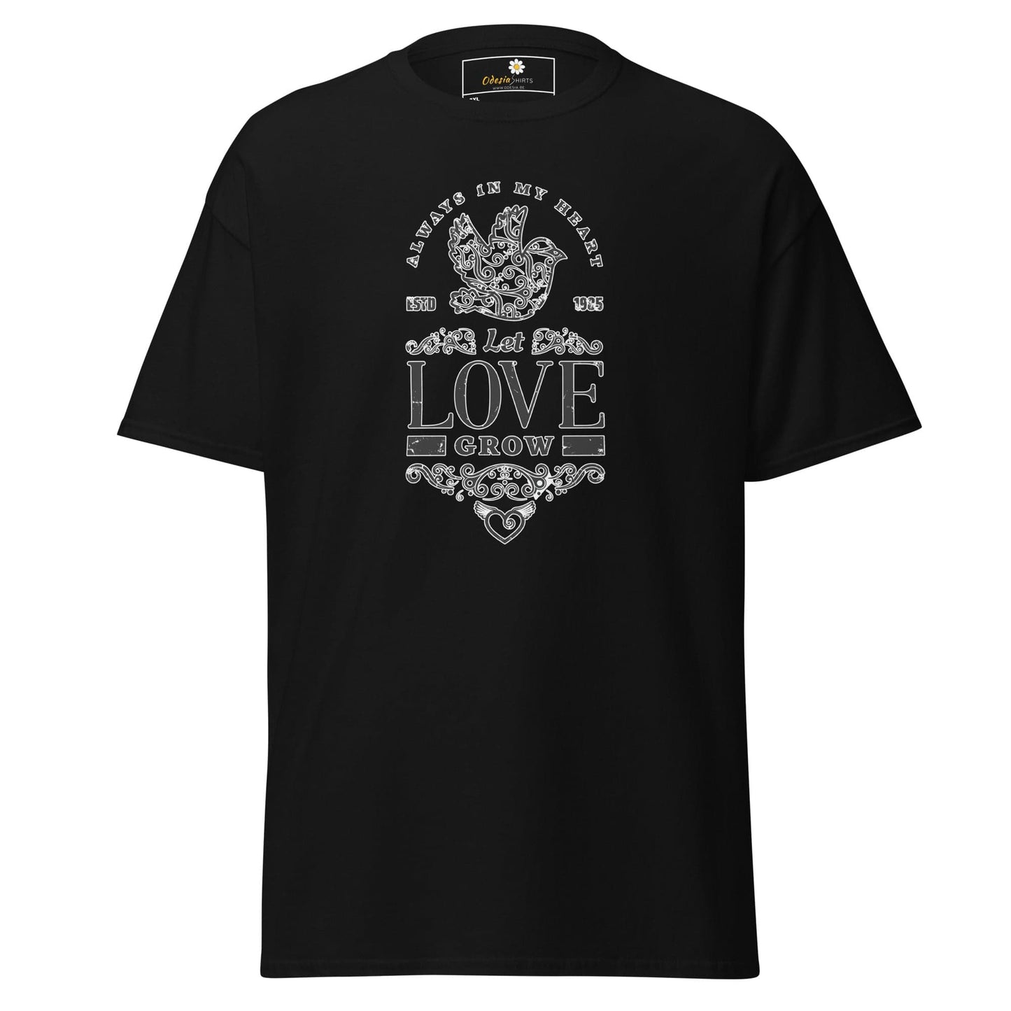 Black T-shirt featuring a dove and Love Grow design, available in 2XL to 5XL sizes